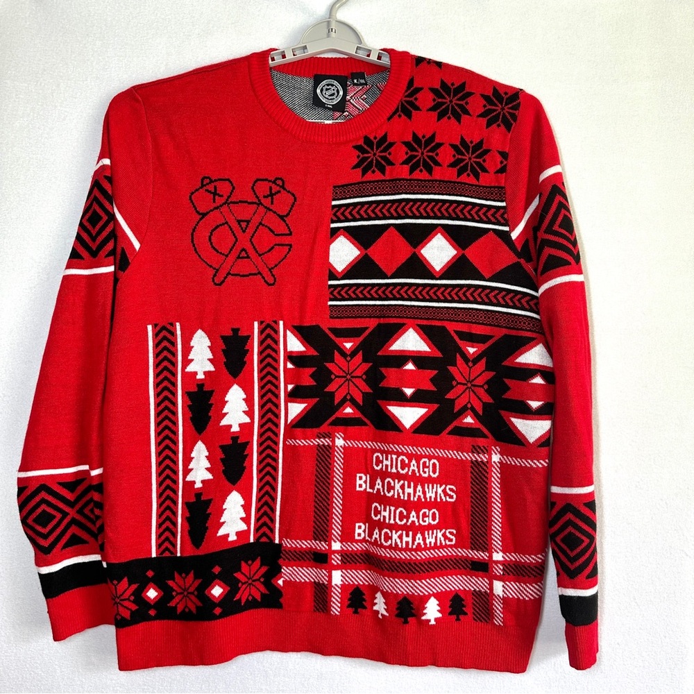 NHL Chicago Blackhawks Ugly Christmas Sweater Mens XXL Patches Crew Neck Acrylic